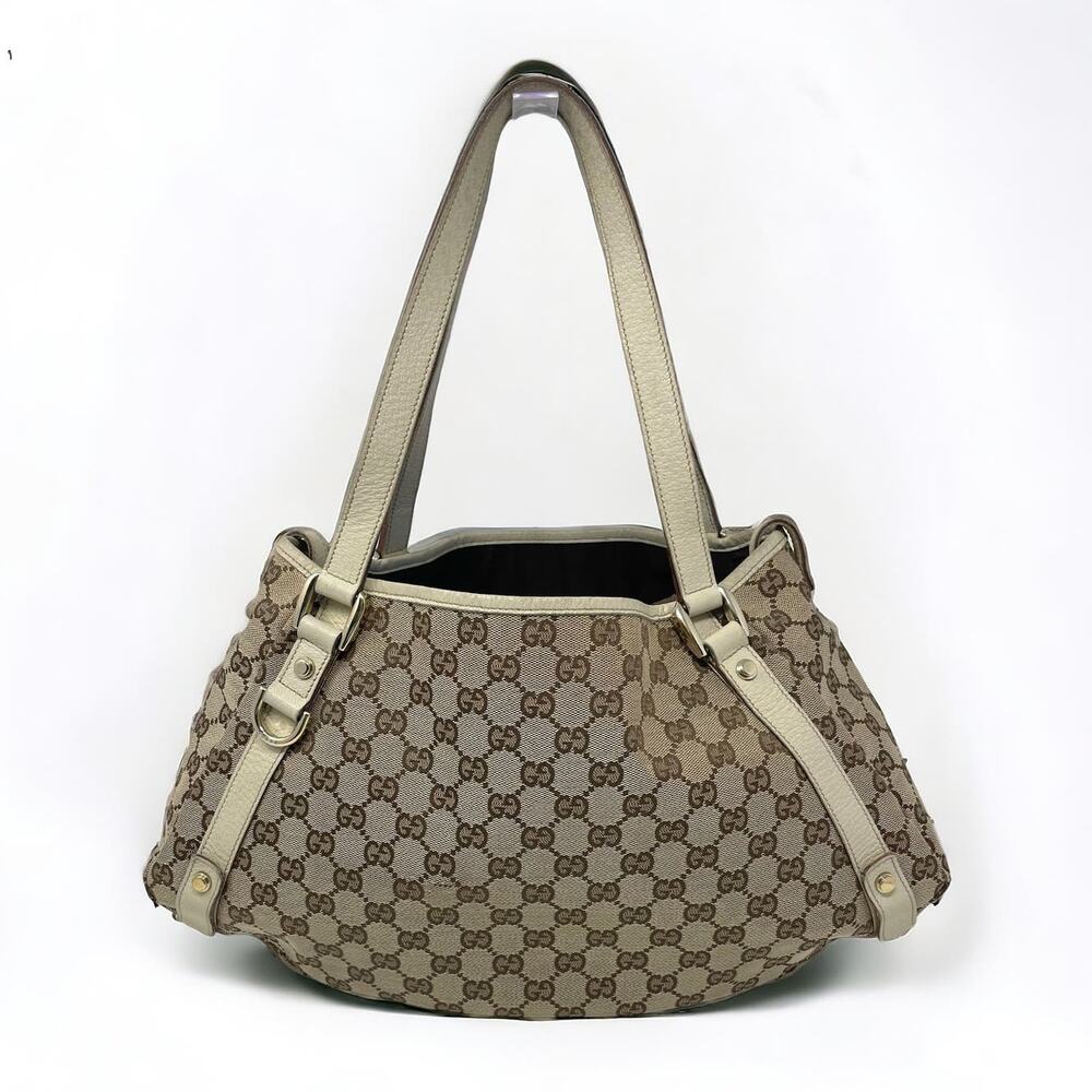 SOLD Gucci Monogram GG Logo Abbey D Ring Tote Handbag Canvas Leather Beige Ivory